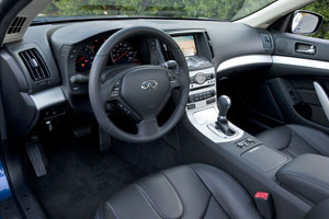 2009 Infiniti G37 Coupe black leather interior with sport seats and white faced gauges